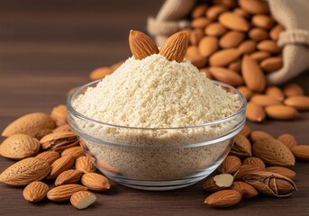 Bowl of almond flour, surrounded by almonds. Almond flour in a glass bowl filled with almonds on a wooden table
