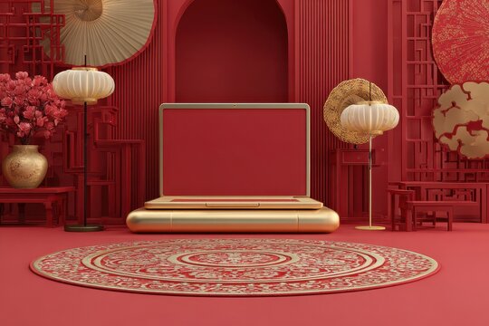 Elegant online shopping interface showcasing Lunar New Year products, soft golden lighting, traditional motifs, and a welcoming, festive mood inviting customers to explore