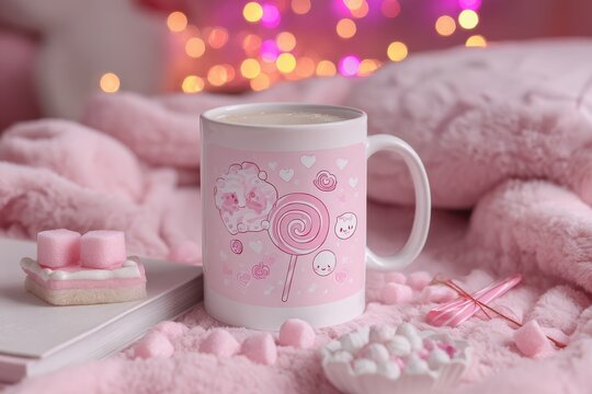 Whimsical mug design for New Year festivities, adorned with playful graphics and set against a backdrop of cozy, festive decor