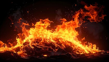 A vibrant bonfire is blazing against a dark background, showcasing bright orange and yellow flames with smoke and embers