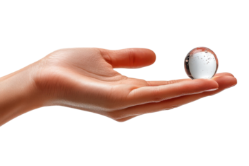 Crystal sphere balanced on open palm hand Holding future hope clear orb black background minimalist