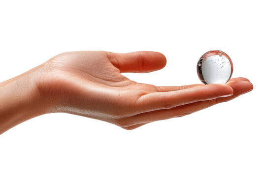 Crystal sphere balanced on open palm hand Holding future hope clear orb black background minimalist - Powered by Adobe