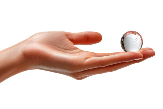 Crystal sphere balanced on open palm hand Holding future hope clear orb black background minimalist