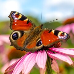 A vibrant butterfly with patterned wings rests atop a purple coneflower, the blurred background showcasing greenery and sky