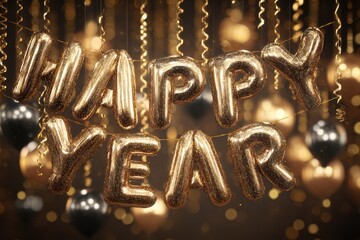 Festive New Year's Eve poster featuring sparkling lights, elegant gold and silver accents, with a lively atmosphere and cheerful typography