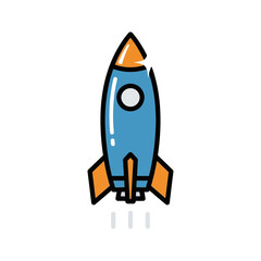 Blue and orange cartoon rocket ship launching upwards from a white background, space exploration concept