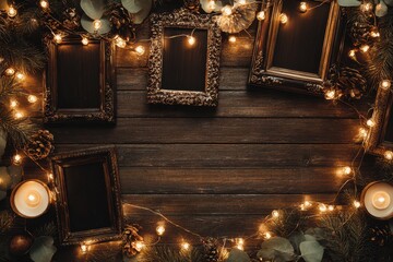 Festive New Year mockup featuring elegant frames adorned with twinkling lights and cheerful decorations, creating a warm, inviting atmosphere