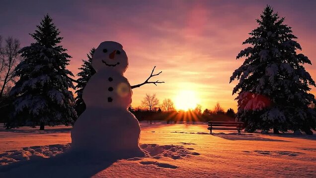 Beautiful sunset behind a snowman and snow-covered pine trees in a winter landscape