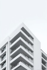 Low-angle view of a modern, white multi-story building with recessed balconies and clean lines against a pale sky