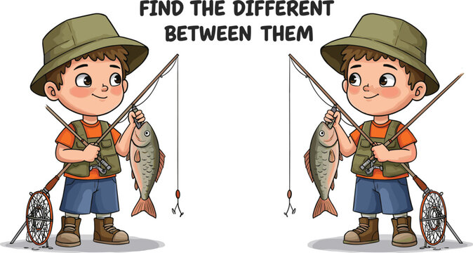 Find the difference puzzle, cartoon boys fishing, spot the changes game, visual challenge, kids activity, fun brain teaser illustration
