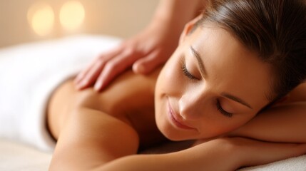 Fototapeta premium A woman enjoys a calming back massage in a serene setting, her eyes closed as she embraces the soothing effects of the treatment. Soft lighting enhances the tranquil atmosphere