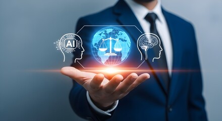 A man in a suit holds a holographic display showing AI, scales of justice over a globe, and a human brain, representing technology, law, and intellect.
