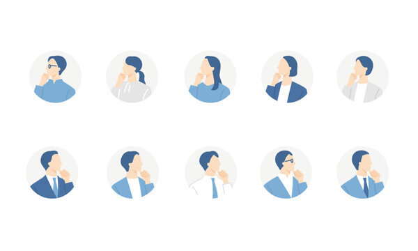 考える、困るビジネスパーソンのアイコンセット　円背景