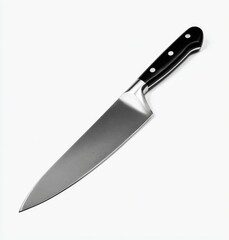 Sleek, stainless steel chef's knife with a black, riveted handle, angled for display on a white background