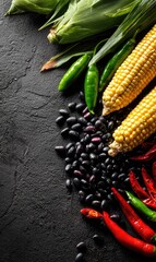 High-angle close-up of corn cobs, black beans, and various chili peppers arranged on a dark surface.  The vibrant colors contrast sharply against the dark background