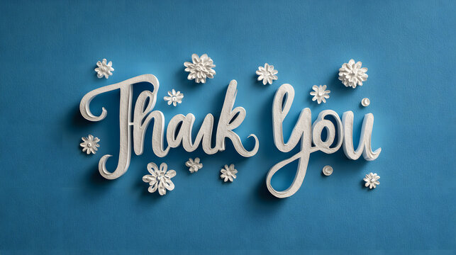 Thank you message for card, presentation, business. Expressing gratitude, acknowledgment and appreciation. Minimalist abstract design with white cut out paper on blue background.