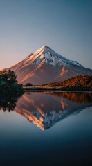 Majestic snow-capped peak reflected perfectly in a still, glassy lake at sunrise; warm golden light bathes the lower slopes, contrasting with the cool blue sky and snow
