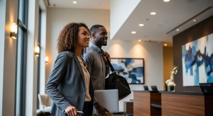 African american woman and man walking in hotel lobby, ready for check-in after travel. Happy couple on business trip or vacation.