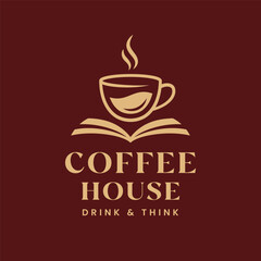 Coffee Cup Logo, Coffee And Book Vector Logo On Red Back