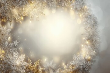 Elegant winter border design with intricate snowflake patterns, soft gold accents, and a blank center, illuminated by warm, twinkling lights