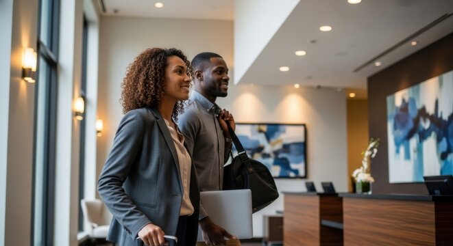 African american woman and man walking in hotel lobby, ready for check-in after travel. Happy couple on business trip or vacation. - Powered by Adobe