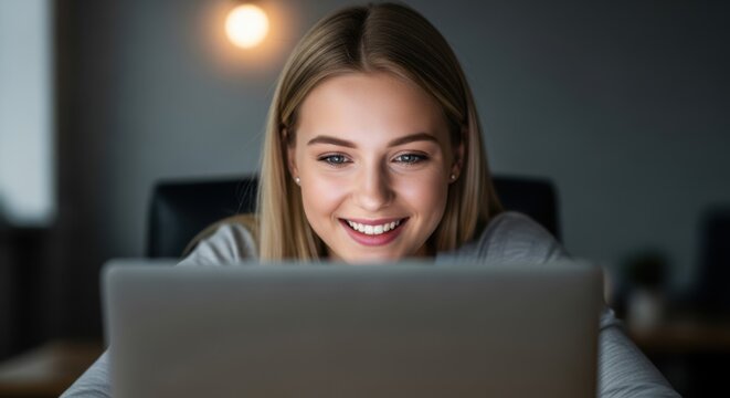 Happy woman using a laptop computer at night. Concept of late night work, online browsing, or digital communication. - Powered by Adobe