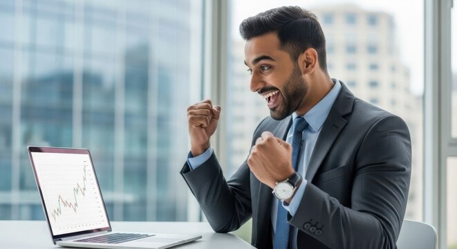 Excited indian man celebrating successful investment looking at a stock market chart on a laptop. Business success and financial growth concept.
