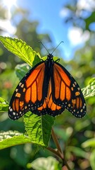 A vibrant orange and black butterfly, wings spread, rests on a lush green leaf. Bright sunlight illuminates