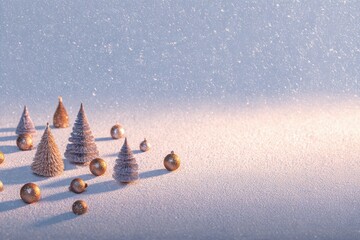 Cool gradient canvas with shades of blue and silver, adorned with miniature Christmas trees and ornaments, evoking a tranquil and festive spirit