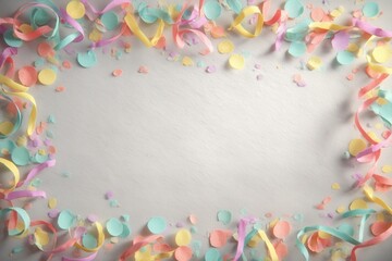 Whimsical New Year border adorned with colorful confetti and streamers, creating a joyful frame around a blank center, highlighted by bright, cheerful lighting