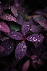 Close-up of dark purple foliage densely covered in water droplets, exhibiting a rich, saturated color and varied leaf shapes against a blurred dark background