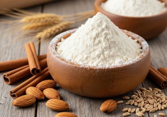 Pile of white flour with nuts and cinnamon sticks in a wooden bowl