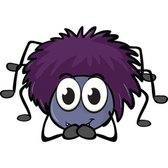 Cartoon Spider with Fluffy Purple Hair Big Eyes and Black Legs on Transparent Background