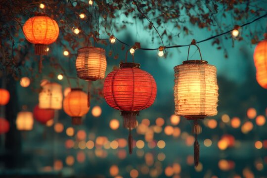 Sophisticated New Year's party poster with soft glowing lanterns, a luxurious color palette, and a warm, inviting mood to attract guests