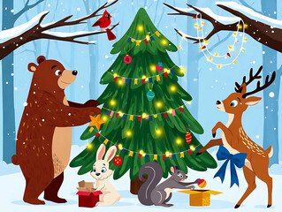Festive forest animals gather around a Christmas tree with gifts, tea, and joy in snowy winter forest.