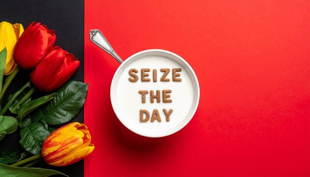Cereal Letters Spelling “Seize the Day” in Milk Bowl on Red Background