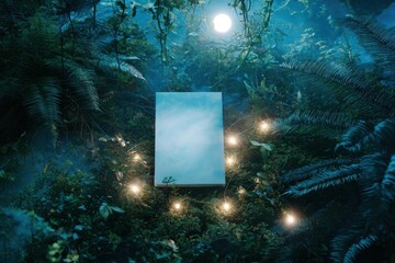 Artistic poster mockup highlighting New Year resolutions, surrounded by lush greenery and soft fairy lights, creating an inspiring vibe