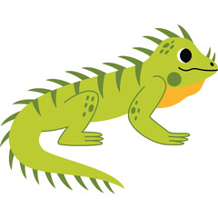 Fototapeta premium Cartoon Style Green Iguana Reptile With Orange Neck And Spikes On Its Back And Tail Isolated On Transparent Background