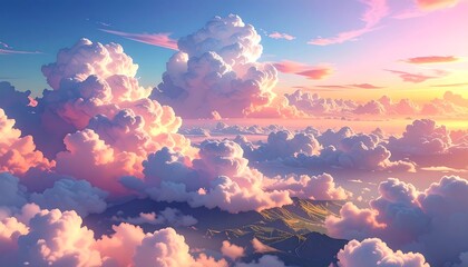 A vibrant sunrise sky filled with fluffy, pink and white clouds, overlooking a distant, green mountainous terrain