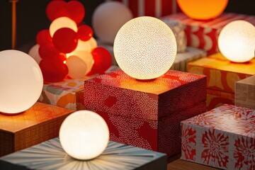 Playful packaging design for New Year gifts, featuring colorful patterns and textures, illuminated by soft, ambient lighting for a cheerful mood