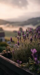 Close-up of lavender in a rustic wooden planter at sunrise, with a misty valley and rolling hills softly blurred in the background