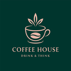 Coffee Cup Logo, Coffee Bean And Leaf Crown Vector Logo On Green Back