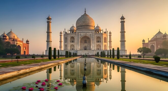 Taj mahal reflecting in the water with lotus flowers at sunrise in india - Powered by Adobe