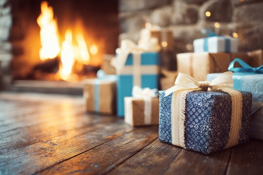 A close-up of beautifully wrapped gifts beside a glowing fireplace, creating a sense of anticipation and holiday cheer