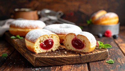 Powdered Jelly Donuts with Mint and Raspberries on Wooden Board