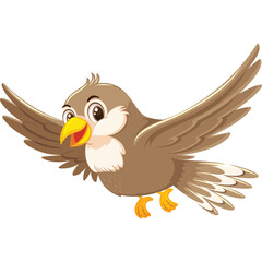 Cartoon Sparrow Bird With Open Wings Flying Mid-Air White Background Isolated Adorable Small Bird With Yellow Beak And Orange Feet Cheerful Expressive Eyes Brown And White Feathers