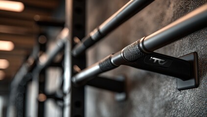 Close-up of three matte-black pull-up bars mounted on a textured grey wall within a dimly lit gym-like setting.  The bars feature textured grips and a sleek, minimalist design