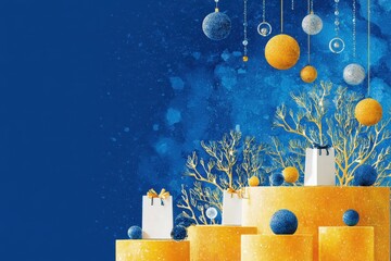 Cheerful hero section with shimmering decorations, a modern layout, and vibrant imagery, evoking excitement for New Year sales and offers