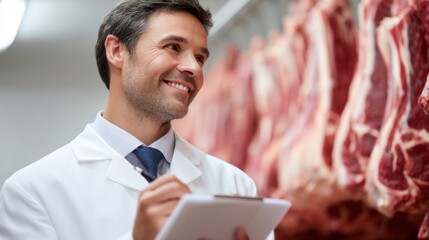 A quality control inspector conducts a careful review of meat storage, taking notes and ensuring that each cut meets health standards. The setting is clean and organized for safety