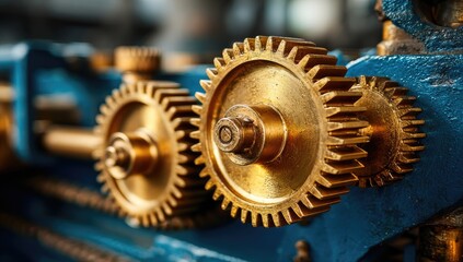 Close-up of two gold-toned gears meshing, mounted on a teal machine; showing intricate detail and wear